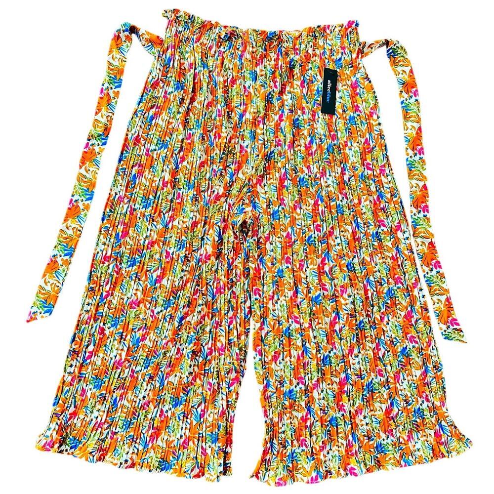 NWT Alice Blue Large Orange Blue Bold Floral Crinkle Lettuce Hem Pull-On Pants L